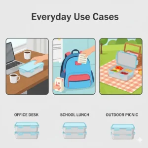 Lifestyle illustration of a 3 compartment lunch box being used in an office and school setting.