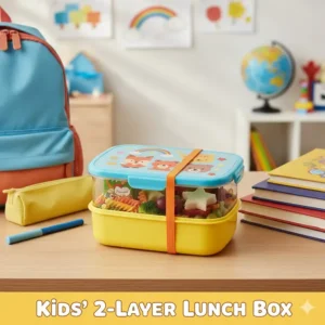 Vibrant 2 layer lunch box ideal for kids to take to school, keeping snacks and lunch neatly separated.