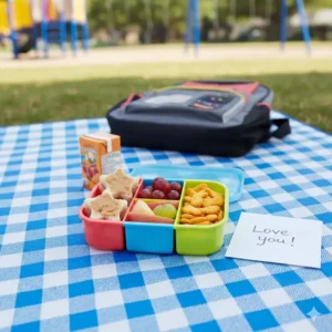 A bright picture of a child's lunch packed in a small, durable 3 compartment bento box, ideal for school lunches and kid-friendly portions.
