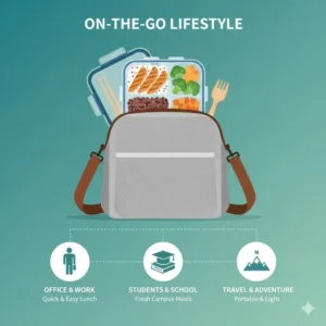 A lifestyle drawing of a person carrying 3 compartment containers in a lunch bag for work or travel.