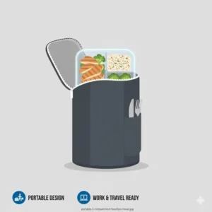 A 3 compartment food box tucked into a modern lunch bag, perfect for office workers or students on the go.