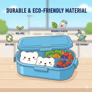Image illustrating the durable, reusable, and eco-friendly material used to construct the 3 compartment bento lunch container.