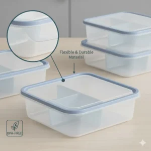 Detailed illustration of high-quality and BPA-free 3 compartment food containers.