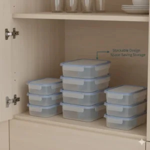 An illustration showing how to save space by stacking 3 compartment food containers.