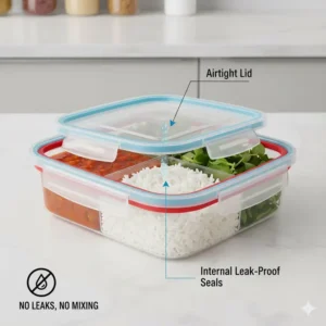 Close-up illustration of the airtight and leak-proof seal on 3 compartment food containers.