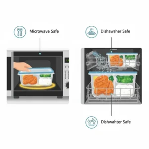 Illustration demonstrating that these 3 compartment food containers are microwave and dishwasher safe.