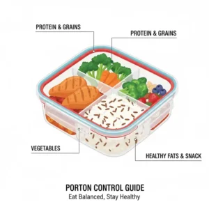 A helpful portion control guide using divided 3 compartment food containers for balanced diet.
