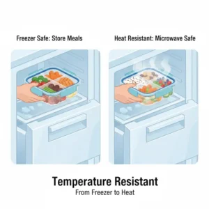 Illustration of 3 compartment food containers being stored safely in a freezer.