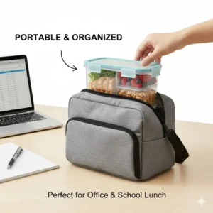 Lifestyle illustration of portable 3 compartment food containers used for office or school lunch.