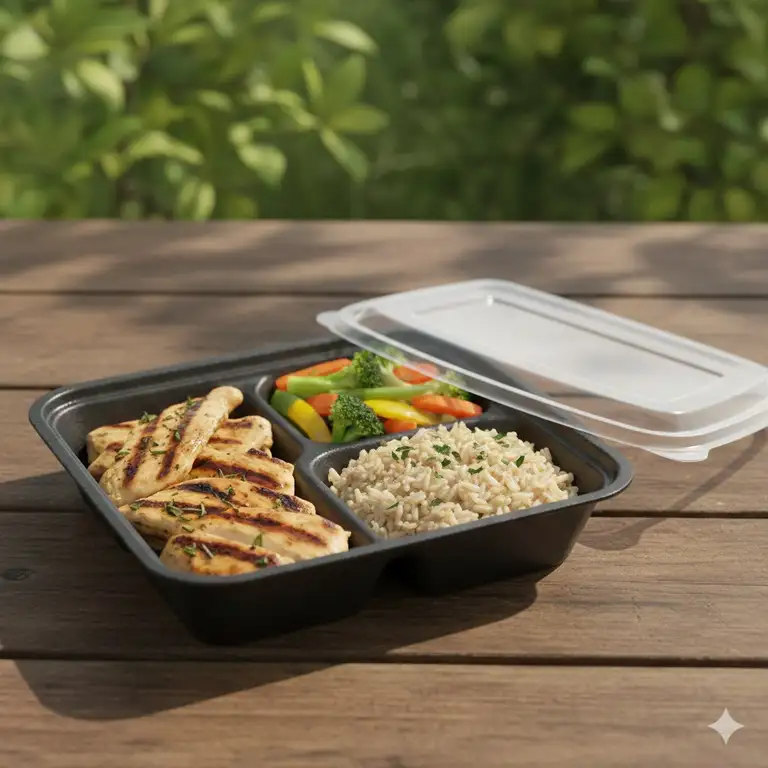A premium lifestyle shot of 3 compartment take out food containers filled with a healthy balanced meal on a wooden table.