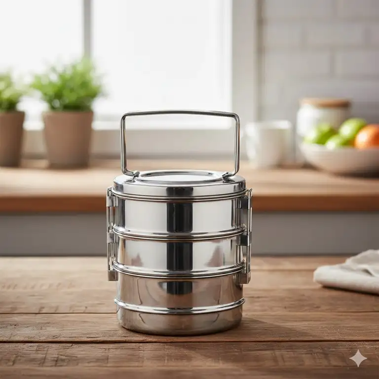A premium stainless steel 3 layer tiffin box with a sturdy handle placed on a wooden kitchen table.