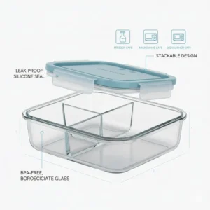 Close-up of durable and eco-friendly 3 compartment reusable food storage containers made from high-quality materials.