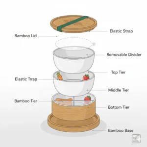 An exploded view diagram showing the different layers and dividers of a 3 tier bento box.