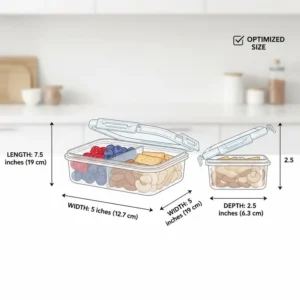 A technical drawing showing the exact dimensions and size of this 3 compartment snack container.