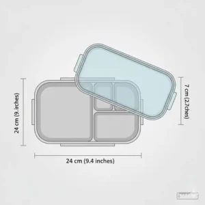 Technical drawing showing the exact dimensions and height of a 4 compartment bento box.