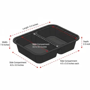 A technical diagram showing the specific measurements and internal layout of 3 compartment take out food containers.