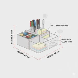 Technical illustration showing the height, width, and depth measurements of a 4 compartment box.