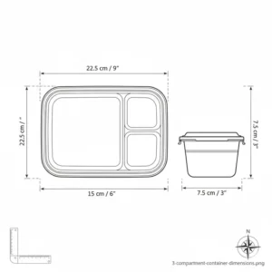 Technical diagram showing the exact dimensions and size specifications of 3 compartment plastic containers with lids.