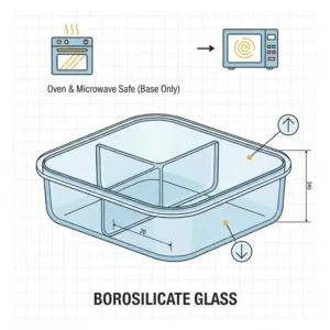 Detailed view of the thick borosilicate material used in this 3 compartment lunch box glass.