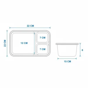 A detailed technical diagram showing the exact dimensions and size of a 3 compartment plastic container.