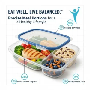 An infographic explaining how to use a 3 compartment tupperware for effective daily portion control.