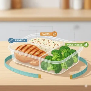 An illustration showing how 3 compartment meal prep containers help with portion control for proteins, carbs, and vegetables.