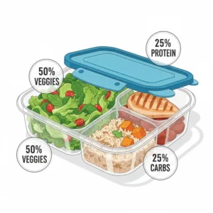 Detailed illustration of portion control sections in 3 compartment reusable food containers for balanced nutrition.