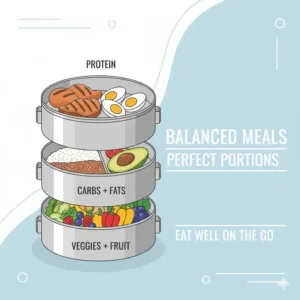 A diagram showing perfect portion control layers within a 3 tier lunch box for balanced meals.
