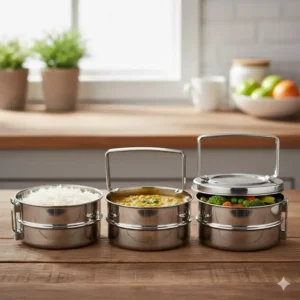 Three individual compartments of a 3 layer tiffin box separated to show the storage capacity.