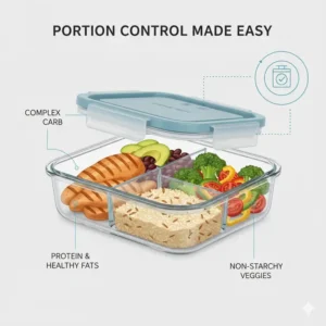 A visual guide for portion control using 3 compartment reusable food storage containers to balance proteins and vegetables.