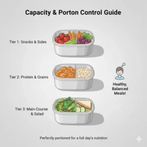 A portion control guide showing healthy meal ideas inside each layer of a 3 tier bento box.