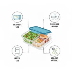 Graphic showing the durable and BPA-free material of these 3 compartment reusable food containers.