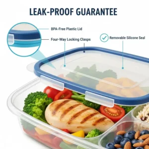 A detailed close-up showing the airtight and leak-proof silicone seal of a 3 compartment tupperware.