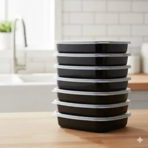 A stack of multiple units demonstrating the space-saving stackable design of the 3 compartment plastic container.