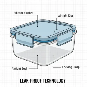 Close-up showing the airtight lid and leak-proof seal of the 3 compartment lunch box glass.