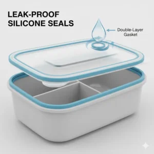 Close-up illustration of the leak-proof silicone seals on a 4 compartment bento box lid.