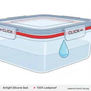 Close-up illustration of the airtight and leakproof seal performance of 3 compartment plastic containers with lids.