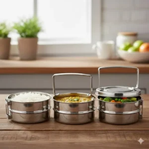 Nutritious home-cooked food and rice packed inside a 3 layer tiffin box for daily meal prep.