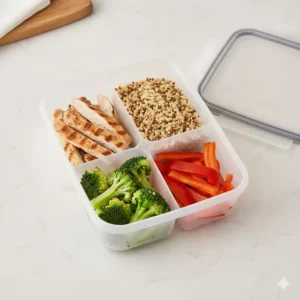 Illustration of a 4 compartment box designed for meal prepping with different sections for protein, grains, and vegetables.