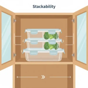 A stack of empty 3 compartment meal prep containers demonstrating space-saving storage in a kitchen cabinet.