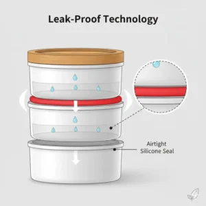 Technical illustration demonstrating the airtight and leak-proof silicone seals of a 3 tier bento box.