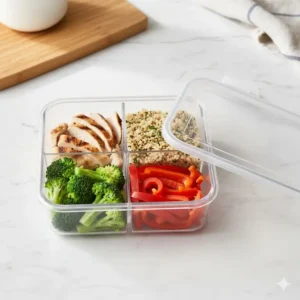 A transparent 4 compartment box filled with beads and jewelry making supplies.