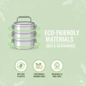 Graphic highlighting the sustainable and BPA-free materials used in this 3 tier lunch box.