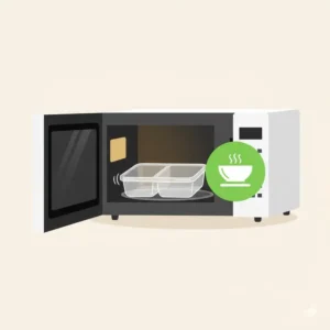 An educational graphic showing a 3 compartment plastic container being safely used in a microwave.