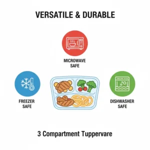 A graphic symbol representing that this high-quality 3 compartment tupperware is safe for microwave and dishwasher use.