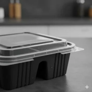Close-up of the secure and leak-proof lid design on high-quality 3 compartment take out food containers.