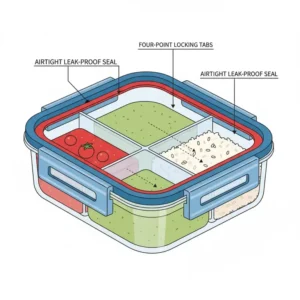 Close-up illustration of the airtight and leak-proof lid of 3 compartment reusable food containers.