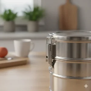 A close-up shot of the secure side-locking mechanism on a professional 3 layer tiffin box.