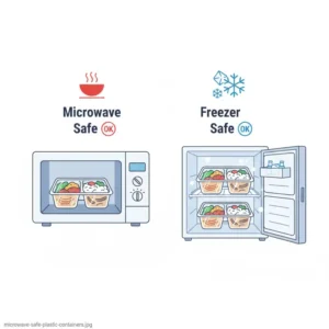 Demonstration of temperature resistance for 3 compartment plastic containers with lids in the microwave and freezer.