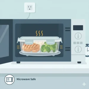 Illustration of a 3 compartment meal prep containers being placed in a microwave, highlighting heat-resistant material.